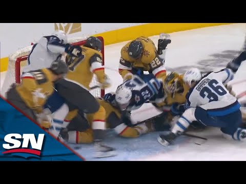 Jets&#039; Morgan Barron Takes Cut To Face During Chaotic Scramble In Golden Knights Crease