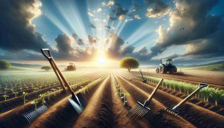 Realistic High-Definition image depicting the initial stages of agricultural development. The scene should display a blessed land, possibly in the early morning light, being tilled for the first phase of farming. There should be varied tools specific to agriculture like shovels, hoes, and rakes. In the background, you should see a mixture of sun's rays, a crystal-clear blue sky and a few fluffy clouds. The focus of the image should be the fertile soil being turned over, pregnant with the promise of a successful harvest. The theme resonates with hope and the fruitfulness of human labor.