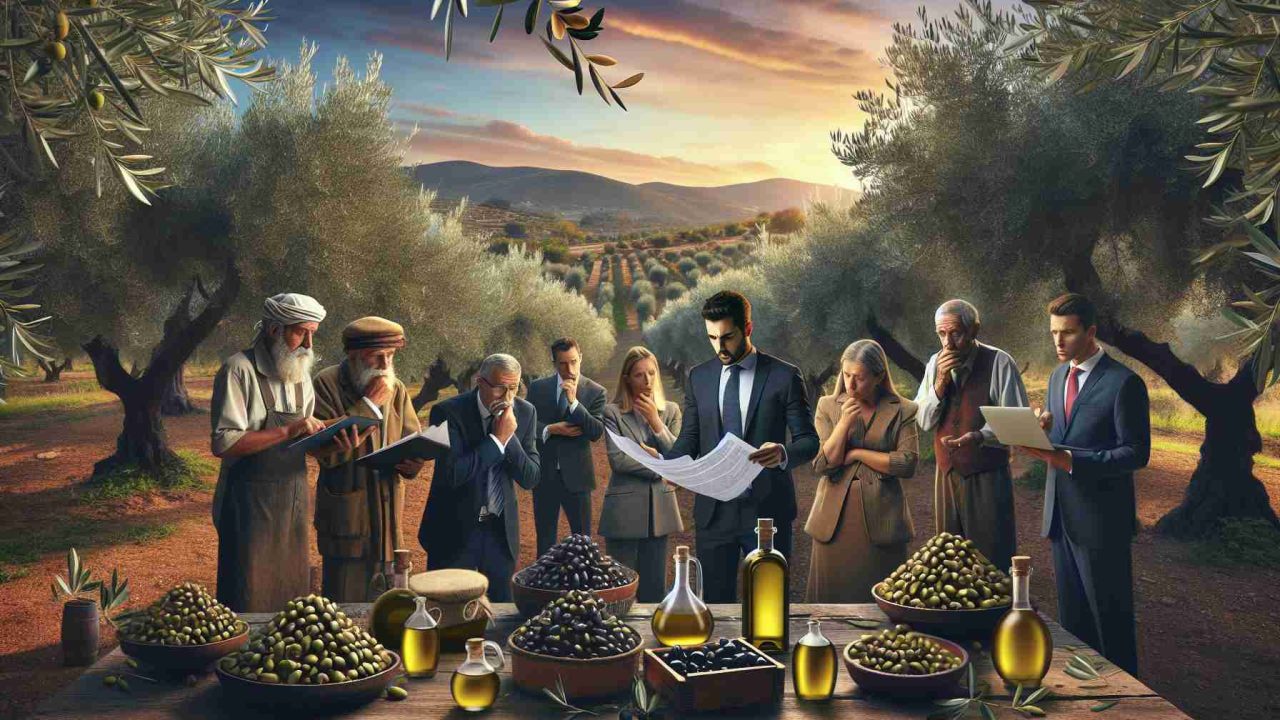 Generate a high-definition, realistic image that portrays the new regulation impacting olive oil producers in Europe. The scene should present a diverse group of olive farmers from various descents including Caucasian, Hispanic, Middle-Eastern anxiously exploring the policy documentation, located in a traditional olive grove in southern Europe with a serene sunset in the backdrop. A few bottles of olive oil and trees loaded with olives should be prominent in the scene.