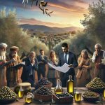 Generate a high-definition, realistic image that portrays the new regulation impacting olive oil producers in Europe. The scene should present a diverse group of olive farmers from various descents including Caucasian, Hispanic, Middle-Eastern anxiously exploring the policy documentation, located in a traditional olive grove in southern Europe with a serene sunset in the backdrop. A few bottles of olive oil and trees loaded with olives should be prominent in the scene.