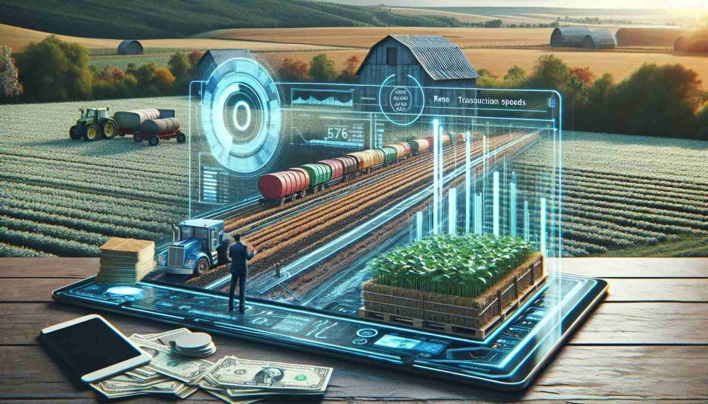 A hyper-realistic, high-definition image presenting a new-age agricultural platform that symbolizes a revolution in transaction speed and costs. The scene should convey advanced technology while keeping the agricultural setting in mind. Envision a farmer on this platform swiftly trading agricultural products with other users across the globe. The platform could have innovative feature visualizations like a speedometer indicating the transaction speed and a calculator showing the reduced costs. The background should be a blend of rustic farmland vegetation and advanced technological visuals to represent the fusion of tradition and modern technology.