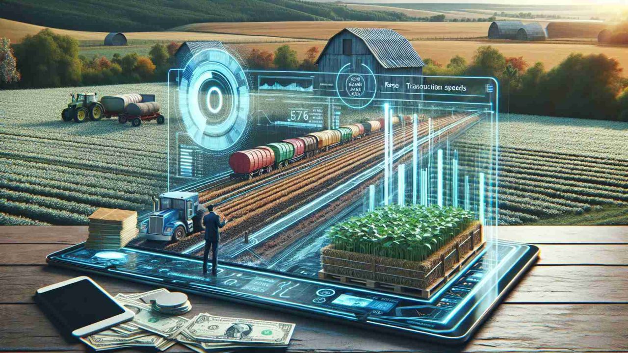 A hyper-realistic, high-definition image presenting a new-age agricultural platform that symbolizes a revolution in transaction speed and costs. The scene should convey advanced technology while keeping the agricultural setting in mind. Envision a farmer on this platform swiftly trading agricultural products with other users across the globe. The platform could have innovative feature visualizations like a speedometer indicating the transaction speed and a calculator showing the reduced costs. The background should be a blend of rustic farmland vegetation and advanced technological visuals to represent the fusion of tradition and modern technology.