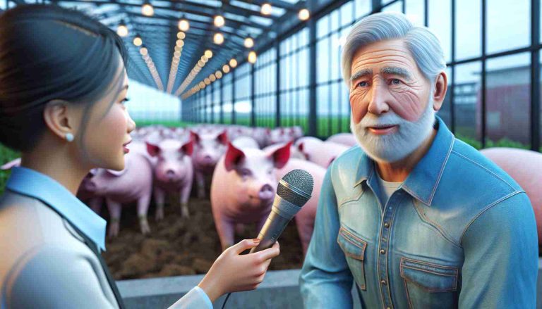 A high-definition, realistic picture representing the concept of the future of swine agriculture. This can feature an illustrative conversation between a renowned farmer and an interviewer. The farmer should be represented as a Caucasian male with strong, weathered features hinting at a lifetime spent in the agricultural field, especially pig farming. The interviewer could be a younger, South Asian female with an eager demeanor. The setting for this conversation should reflect the agricultural environment, perhaps on a technologically advanced pig farm. Please exclude any specific real individuals.