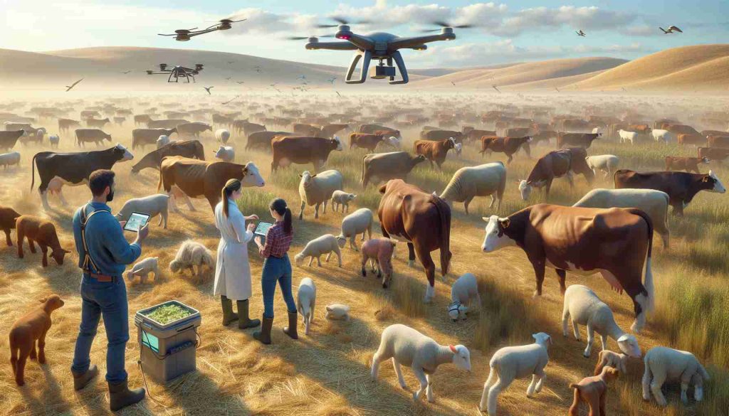 Realistic high-definition image of a scene showcasing the improvement in livestock monitoring in Greece. Picture a farm with various types of healthy livestock such as cattle, goats, and sheep roaming in an open field under clear blue skies. The grazing animals are monitored by a few Caucasian and South Asian farmers, both men and women, using advanced technology such as drone surveillance, advanced wearable tech on the animals for tracking their health and movement. A veterinarian of Hispanic descent, a woman, is seen checking a healthy animal in the field. They are all working together for disease prevention.