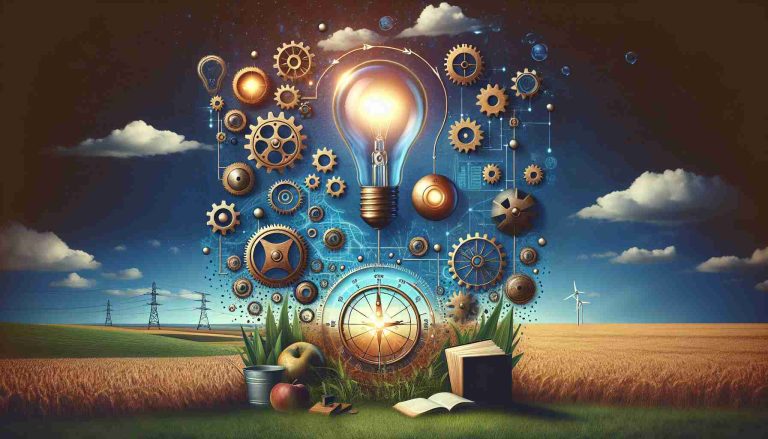 Generate a HD image of a conceptual illustration that represents 'Revamping Brand Strategies: A Fresh Approach'. Include elements such as gears, light bulbs (representing new ideas), a compass (representing direction), and a book or chart (representing strategies). Make sure these elements float over a landscape, possibly a field, to subtly reference an agricultural company.