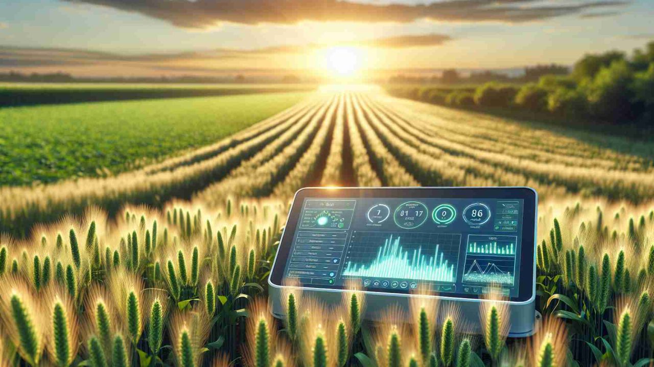 A high-quality, realistic image showcasing an innovative grain monitoring technology in a farm setting. The focus should be on an advanced device placed on a spacious grain field under the warming sun. It should host an elaborate display outlining different metrics related to the health, growth, and density of grain crops. The backdrop is filled with lush green grain crops stretching out till the horizon. Little hints of a warm, early morning sunlight should spread across the entire scenery, casting gentle shadows and adding a serene ambience. Meanwhile, a few farmhands, a Hispanic woman and a Middle-Eastern man, use the device to process data about the farm operations.