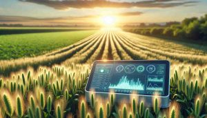 A high-quality, realistic image showcasing an innovative grain monitoring technology in a farm setting. The focus should be on an advanced device placed on a spacious grain field under the warming sun. It should host an elaborate display outlining different metrics related to the health, growth, and density of grain crops. The backdrop is filled with lush green grain crops stretching out till the horizon. Little hints of a warm, early morning sunlight should spread across the entire scenery, casting gentle shadows and adding a serene ambience. Meanwhile, a few farmhands, a Hispanic woman and a Middle-Eastern man, use the device to process data about the farm operations.