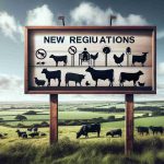 A detailed, high-definition image displaying the announcement of new regulations for livestock ownership. Imagine the scene as it unfolds: a prominent notice board placed in a rural area, silhouettes of different livestock like cows, sheep, and chickens featured, symbols representing the new regulations, the lush green fields in the background, and an expansive sky overhead, presenting a portrait of change in rural life.