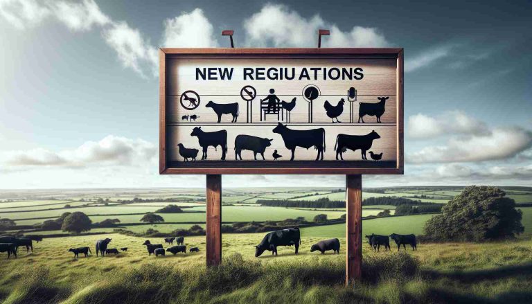 A detailed, high-definition image displaying the announcement of new regulations for livestock ownership. Imagine the scene as it unfolds: a prominent notice board placed in a rural area, silhouettes of different livestock like cows, sheep, and chickens featured, symbols representing the new regulations, the lush green fields in the background, and an expansive sky overhead, presenting a portrait of change in rural life.