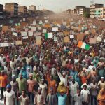 High definition realistic image of a diverse crowd rally in Nigeria, advocating for improved access to nutritious food. The crowd includes both men and women, of various age groups, fervently championing their cause. People are holding banners and placards with messages related to food security, health, and nutrition. The backdrop shows signs of the bustling city life, coupled with the distinctive architectural elements commonly seen in Nigerian cities.