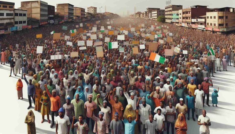 High definition realistic image of a diverse crowd rally in Nigeria, advocating for improved access to nutritious food. The crowd includes both men and women, of various age groups, fervently championing their cause. People are holding banners and placards with messages related to food security, health, and nutrition. The backdrop shows signs of the bustling city life, coupled with the distinctive architectural elements commonly seen in Nigerian cities.