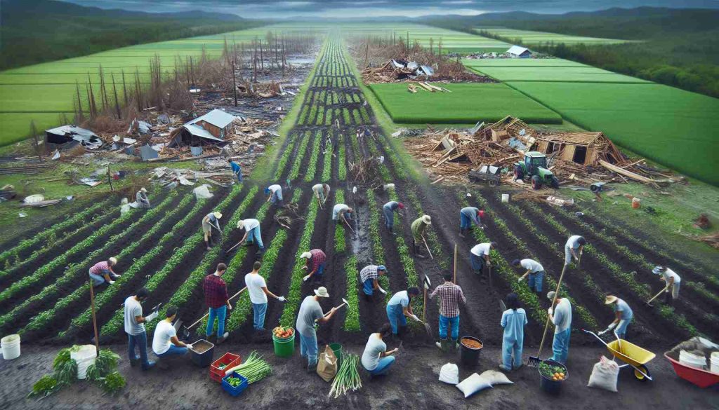 High-definition image showcasing the process of revitalizing agricultural communities after natural disasters. The scene should feature farmlands devastated by a recent natural disaster, with signs of recovery taking place. This might include volunteers and farmers of various descents such as Caucasian, Hispanic, Black, Middle-Eastern, and South Asian, all working together to plant crops, repair damages and rebuild infrastructure. Additionally, make sure you show lush fields in the background signalling the rebirth of agriculture and a fresh start for the community.