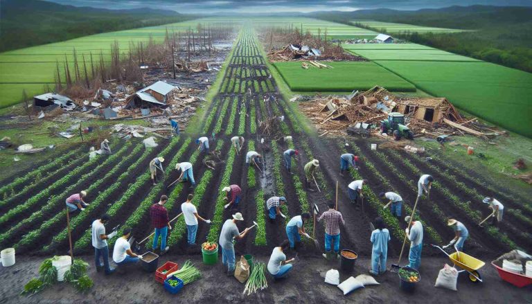 High-definition image showcasing the process of revitalizing agricultural communities after natural disasters. The scene should feature farmlands devastated by a recent natural disaster, with signs of recovery taking place. This might include volunteers and farmers of various descents such as Caucasian, Hispanic, Black, Middle-Eastern, and South Asian, all working together to plant crops, repair damages and rebuild infrastructure. Additionally, make sure you show lush fields in the background signalling the rebirth of agriculture and a fresh start for the community.