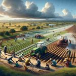 A realistic, high-definition image of the Agrarian Revolution in Zimbabwe, depicting land re-distribution in action. Visualize farmers, some of whom could be black and some white, working harmoniously together in the fields. Show wide expanses of farmlands with tractors and other agricultural tools, and people engaged in various farming activities such as plowing, seeding, watering and harvesting. Also, include rural Zimbabwean landscape in the background with a mix of blue skies and dramatic clouds overhead. Remember, the image should reflect positivity, hope, and unity.