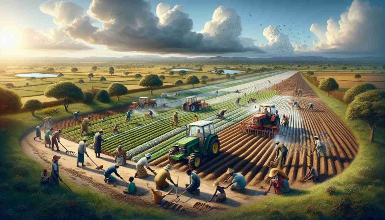 A realistic, high-definition image of the Agrarian Revolution in Zimbabwe, depicting land re-distribution in action. Visualize farmers, some of whom could be black and some white, working harmoniously together in the fields. Show wide expanses of farmlands with tractors and other agricultural tools, and people engaged in various farming activities such as plowing, seeding, watering and harvesting. Also, include rural Zimbabwean landscape in the background with a mix of blue skies and dramatic clouds overhead. Remember, the image should reflect positivity, hope, and unity.