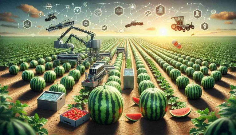 High resolution realistic image showcasing the process of watermelon harvest revolutionized through innovative techniques. This could illustrate various stages including the deployment of smart agricultural tools on the field filled with ripe watermelons, automatic picking and sorting machines in action, and the efficient packaging methods being used to ensure the produce remains fresh, thereby promising market success.