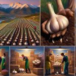 Create a high-definition, realistic image portraying the journey of garlic from a small local farm in Colorado to global pantries, capturing every phase. Show sowing of garlic cloves in the rich Colorado soil under mountains, sprouting of the garlic plants, farmers carefully nursing and harvesting the matured bulbs, packaging for shipping, transport, and finally arrival at diverse global pantries. These pantries should reflect various cultural food staples, indicating a wide acceptance of Colorado garlic. Let the rising popularity of Colorado Garlic be evident in the excitement of people receiving the garlic.