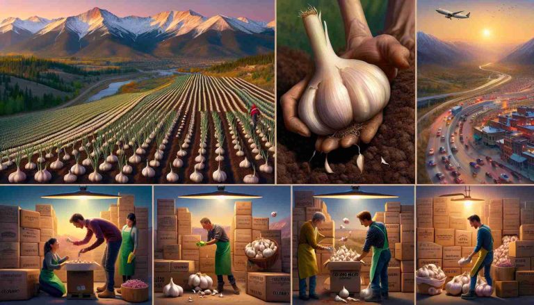 Create a high-definition, realistic image portraying the journey of garlic from a small local farm in Colorado to global pantries, capturing every phase. Show sowing of garlic cloves in the rich Colorado soil under mountains, sprouting of the garlic plants, farmers carefully nursing and harvesting the matured bulbs, packaging for shipping, transport, and finally arrival at diverse global pantries. These pantries should reflect various cultural food staples, indicating a wide acceptance of Colorado garlic. Let the rising popularity of Colorado Garlic be evident in the excitement of people receiving the garlic.