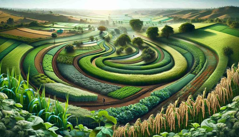 Create a detailed and realistic high-definition image of an organic farm flourishing in Madhya Pradesh. The lushness of the green crops should be apparent, intertwined with the richness of the soil. A variety of crops, such as wheat, rice, or vegetables, may be present. The image should capture the essence of the farming area, with scenic views of the agricultural lands under a clear blue sky. The overall feeling should be one of vitality, growth, and sustainable agricultural practices.