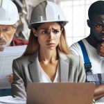 Generate a realistic, high-definition image of a diverse group of workers showing concern over uncertain financial commitments. Include a Caucasian woman banker looking at paperwork with a frown, a Black male construction worker with a hardhat under his arm looking worried, and a Middle-Eastern female medical professional in scrubs, looking at a laptop with anxiety. Use crisp details, bright colors, and natural expressions to convey the uncertainty and concern on their faces.