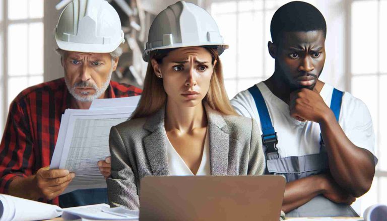 Generate a realistic, high-definition image of a diverse group of workers showing concern over uncertain financial commitments. Include a Caucasian woman banker looking at paperwork with a frown, a Black male construction worker with a hardhat under his arm looking worried, and a Middle-Eastern female medical professional in scrubs, looking at a laptop with anxiety. Use crisp details, bright colors, and natural expressions to convey the uncertainty and concern on their faces.