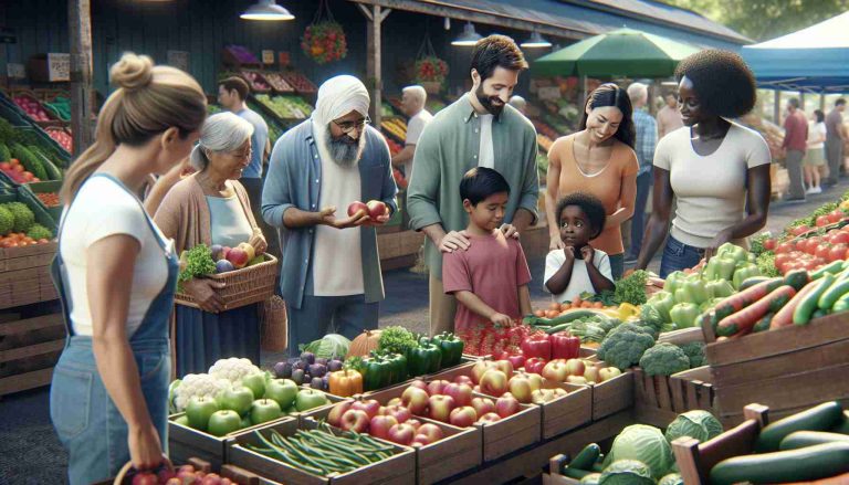 High-definition realistic image representing new SNAP guidelines, with a focus on improving access to fresh produce. The setting could depict a well-stocked local farmers' market showcasing an abundance of fruits and vegetables. There is an evident presence of people from different descents: a Hispanic woman with her young son examining apples, a Black man choosing fresh bunches of greens, a Middle-Eastern family excitedly selecting a variety of colorful peppers, and a South Asian couple discussing over what type of whole grains to buy.