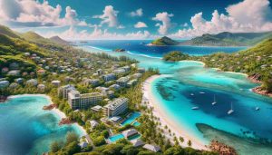 Generate a realistic HD photo of the beautiful island of Seychelles. Visualize it as an ideal location for offshore businesses. The photo could include images of the pristine beaches, clear azure waters, lush tropical vegetation, and modern buildings suggesting offshore businesses. The weather is warm and sunny, and the overall atmosphere gives the feeling of a premier destination for offshore company formation.