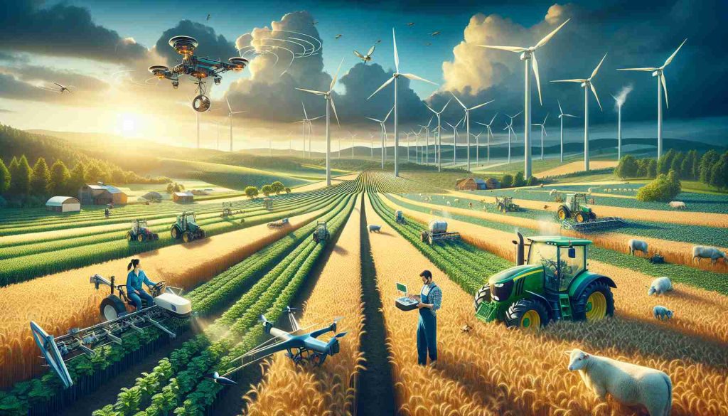 Create an image that portrays revolutionized agriculture in Vermont. In this high-definition scene, capture a mixture of traditional and innovative farming techniques. Include fields under cultivation, integrated with new technologies such as wind turbines for energy production and robotics for crop management. The ambiance should be saturated with the colors of a typical Vermont landscape – lush green fields, golden wheat, and a cerulean blue sky. Also, depict a diverse group of farmers - an Asian woman operating a drone for crop surveying, a Hispanic man handling new-age agricultural machinery, and a Caucasian woman managing the livestock.