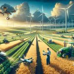 Create an image that portrays revolutionized agriculture in Vermont. In this high-definition scene, capture a mixture of traditional and innovative farming techniques. Include fields under cultivation, integrated with new technologies such as wind turbines for energy production and robotics for crop management. The ambiance should be saturated with the colors of a typical Vermont landscape – lush green fields, golden wheat, and a cerulean blue sky. Also, depict a diverse group of farmers - an Asian woman operating a drone for crop surveying, a Hispanic man handling new-age agricultural machinery, and a Caucasian woman managing the livestock.