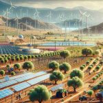Imagine a detailed and realistic high-definition scene depicting Greek agriculture adapting to climate change. There might be fields of crops with innovative irrigation systems, saving water during droughts. Solar panels might dot the landscape, providing renewable energy to the operations. Farmers could be seen using updated machinery or employing new farming techniques to improve yields. A blend of old and new, with ancient olive trees thriving amongst the modern modifications. The Mediterranean sea in the distance, reminding us of the ever-present threat of sea level rise and the need for adaptation.