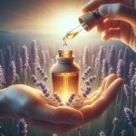 Create a highly detailed and realistic image showcasing the healing powers of lavender oil. Imagine a high-definition scene where lavender oil is being extracted from fresh lavender flowers. The oil can be shown inside an old-fashioned, glass dropper bottle, glowing with a warm, soothing light to imply its healing qualities. Drops from the dropper could be falling onto a human hand which exhibits relief and healing. The background can include a thriving field of lavender in bloom to portray its natural origination.