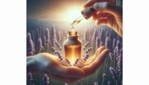 Create a highly detailed and realistic image showcasing the healing powers of lavender oil. Imagine a high-definition scene where lavender oil is being extracted from fresh lavender flowers. The oil can be shown inside an old-fashioned, glass dropper bottle, glowing with a warm, soothing light to imply its healing qualities. Drops from the dropper could be falling onto a human hand which exhibits relief and healing. The background can include a thriving field of lavender in bloom to portray its natural origination.