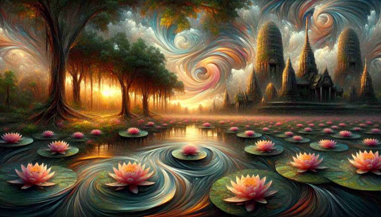 Generate a highly detailed and realistic image of an exploration where art and nature intersect. A scene could include lotus flowers transforming into canvas paintings in a pond, statues emerging from the rough bark of trees, or leaves swirling into a vortex that reveals the brush strokes of a painting. The background could be filled with a rising or setting sun casting long, painterly shadows across the landscape. The scene should evoke a sense of wonder and awe as nature seamlessly fuses with works of art.