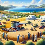 A high-definition, realistic illustration showcasing the revolution of agriculture in Greece. Depict a vibrant image of innovative crop production methods in action, featuring agricultural machinery being used in a field of wheat against the backdrop of beautiful olive groves. There should also be farmers of both genders and various descents, including Caucasian, Black, and Middle-Eastern, working together harmoniously. The background should capture the beauty of rural Greece, with lush hills, bright blue seas, and characteristic white architecture bridging the gap between tradition and innovation.