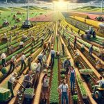 A high-definition, realistic illustration depicting the revolution of agriculture toward sustainable development. A diverse set of male and female farmers belonging to various descents, including Caucasian, Hispanic, Middle-Eastern, and South Asian, are working together in a vast, fertile field filled with a mix of traditional and innovative farming techniques. Some are involved in traditional plowing, watering crops, while others operate advanced, eco-friendly machinery. In the far distance, there is a windmill generating clean energy, and solar panels are found on building rooftops. The atmosphere is one of cooperation and progress towards a greener future.