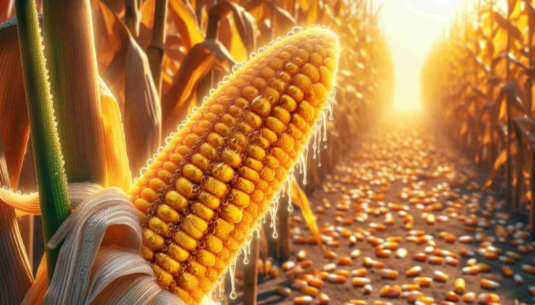 Create a hyper-realistic, high-definition image showcasing an unusual phenomenon, which we'll term 'Corn Perspiration'. This scene should depict mature cornstalks under a stifling summer heat, with the sunlight causing droplets of moisture, or 'perspiration', to form on the golden kernels. The surrounding environment should hint at the sweltering temperatures, perhaps with sizzling heatwaves distorting the background view.