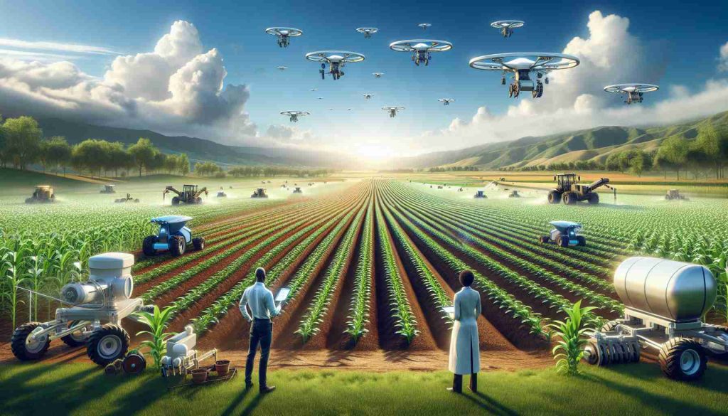 A high definition, realistic visual illustration of a revolution in agricultural production. Display a large, state-of-the-art field filled with mature, lush crops under a clear, partially cloudy sky. Advanced technology like autonomous farming machinery, such as drones and robotic farmers, work efficiently across the field, utilizing smart irrigation systems, plowing, planting, and harvesting. Perhaps a few farmers, one African female and one Hispanic male, monitor the operation from a distance on handheld devices, nodding in satisfaction. The overall scenery should convey a sense of growth, fertility, and pioneering technological progress in agriculture.