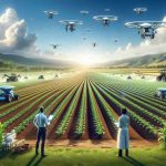 A high definition, realistic visual illustration of a revolution in agricultural production. Display a large, state-of-the-art field filled with mature, lush crops under a clear, partially cloudy sky. Advanced technology like autonomous farming machinery, such as drones and robotic farmers, work efficiently across the field, utilizing smart irrigation systems, plowing, planting, and harvesting. Perhaps a few farmers, one African female and one Hispanic male, monitor the operation from a distance on handheld devices, nodding in satisfaction. The overall scenery should convey a sense of growth, fertility, and pioneering technological progress in agriculture.