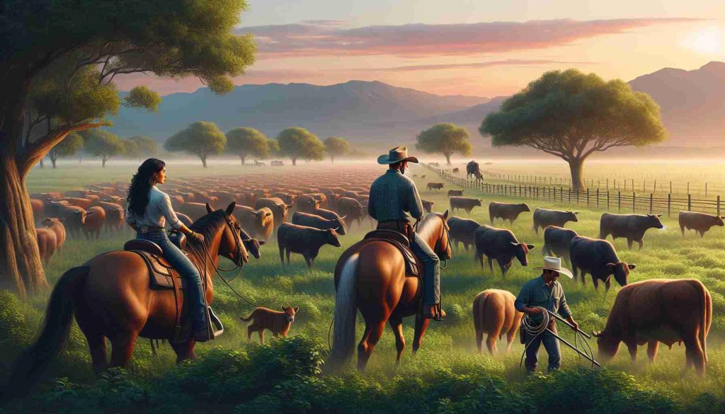 High-definition, realistic image depicting diversity in the cattle ranching industry. Picture a scene where a strong, capable Hispanic female rancher is guiding a herd of cattle across a lush, verdant field. In the distance, a Middle-Eastern male rancher is mending a fence. A side view of a South Asian female rancher on horseback, carefully overlooking the cattle, adds richness to the scene. The sun is setting, painting the sky with gentle hues of orange and pink, and making the landscape even more idyllic.