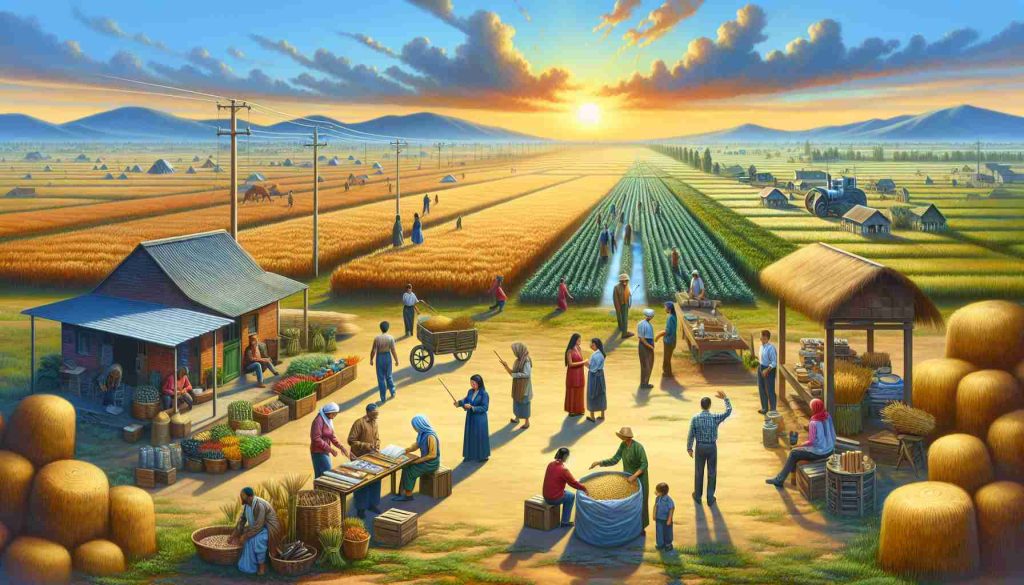 Generate a high-definition, realistic painting of rural entrepreneurship opportunities, depicting a scene of growing small businesses in countryside. Imagine a landscape with fields of agricultural crops with different farmers, a distant visible small factory owned by a Middle-Eastern woman and a woodwork shop run by a Caucasian man. Also, portray people of various descents happily interacting with each other, assessing products and exchanging ideas. A signboard on the side reads 'Rural Entrepreneurship Opportunities on the Rise' against a backdrop of a rising sun, symbolizing growth and development.