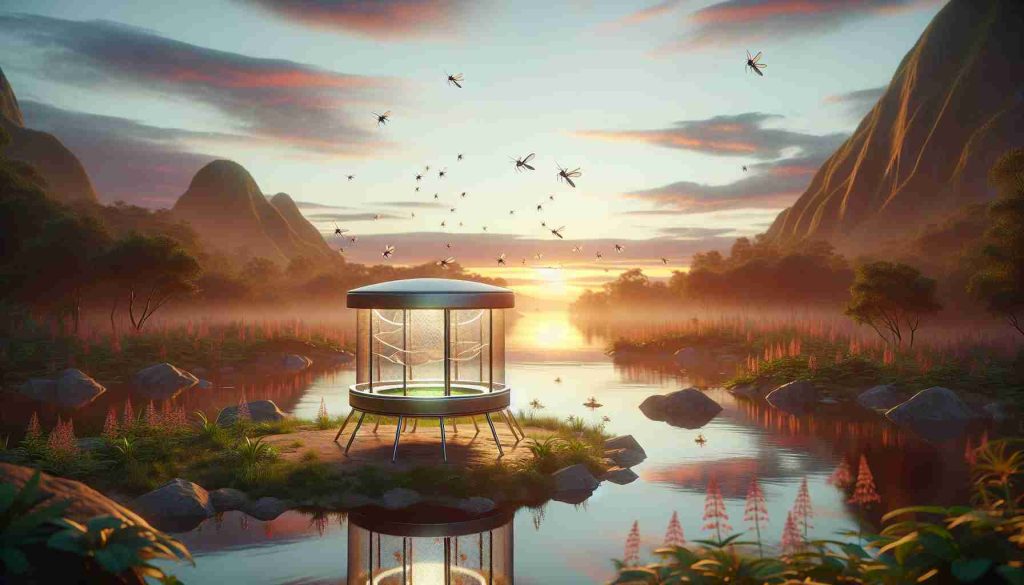 Generate a High Definition realistic image that represents a new and sustainable method of controlling mosquitoes. This could depict a detailed scene of an eco-friendly device installed near a water body, attracting then trapping these insects without harming the environment or other species. The setting could be embraced by a beautiful natural landscape during sunset, symbolizing the harmonious balance maintained between humanity and nature due to this innovative approach.