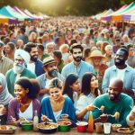 Realistic high-definition image of a lively food festival held at an urban park. The crowd reveals a blend of culturally diverse individuals enjoying the gastronomic event. Picture people of South Asian, Middle Eastern, Hispanic, White, Black, and Caucasian descent, mingling together. Both men and women of various ages are present, seen relishing different types of fascinating food. Capture the vibrant hues of food stalls, the park’s lush greenery, and the lively atmosphere filled with joy and laughter.