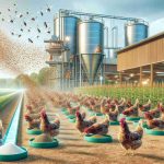 Generate a high-definition, realistic rendering that captures the concept of a new sustainable solution: Insect protein revolutionizing the poultry industry. The scene should include a poultry farm with chickens enjoying their feed made out of insect protein. Visible in the backdrop can be a facility where insect protein is created. Subtle indications of the positive impact of this practice on the environment should also be incorporated, such as rich, green vegetation and clear, blue skies.