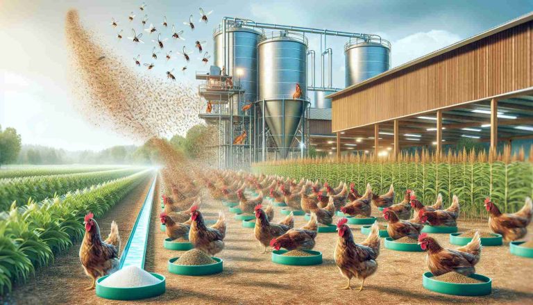 Generate a high-definition, realistic rendering that captures the concept of a new sustainable solution: Insect protein revolutionizing the poultry industry. The scene should include a poultry farm with chickens enjoying their feed made out of insect protein. Visible in the backdrop can be a facility where insect protein is created. Subtle indications of the positive impact of this practice on the environment should also be incorporated, such as rich, green vegetation and clear, blue skies.