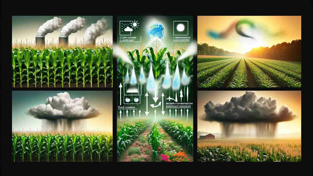 Create a high-definition image that demonstrates the varying effects of corn sweat on climate patterns in Ohio. The image should split into sections detailing different scenarios. One section should depict tall, lush green cornfields vigorously releasing water vapor into the air, with visual representations showing how this contributes to local humidity levels. Another section should illustrate how this increased humidity can boost cloud formation, exemplified by dark cumulus clouds gathering in the sky. Lastly, a depiction of how these weather changes impact local life and environment, such as altered patterns of wildlife activity or shifts in local plant life.