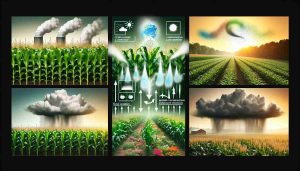 Create a high-definition image that demonstrates the varying effects of corn sweat on climate patterns in Ohio. The image should split into sections detailing different scenarios. One section should depict tall, lush green cornfields vigorously releasing water vapor into the air, with visual representations showing how this contributes to local humidity levels. Another section should illustrate how this increased humidity can boost cloud formation, exemplified by dark cumulus clouds gathering in the sky. Lastly, a depiction of how these weather changes impact local life and environment, such as altered patterns of wildlife activity or shifts in local plant life.