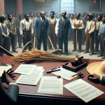 Create a realistic HD image depicting a group of black farmers during a formal meeting, where they are receiving settlements for prior instances of discrimination. The setting is a government office with official documents scattered on a desk. Symbolic artifacts related to farming such as a handheld plow and straw hat should be visible in the background. The farmers are expressive, showing emotions of relief and hope.