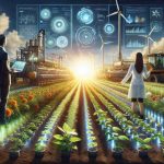 A high-definition, realistic image showcasing innovative technology designed for sustainable agriculture. The scene should include clean, renewable energy sources powering high-tech farming equipment. Diverse array of plants is growing in rich, nourished soil, with controlled irrigation systems illustrating efficient water management. A man of South Asian descent and a Caucasian woman, both in agricultural research attire, are overlooking this advanced technology, representing a concrete step in revolutionizing agriculture for a more sustainable future. The background holds a bright, shining sun, signifying the dawn of a new era in farming, co-existing harmoniously with nature.