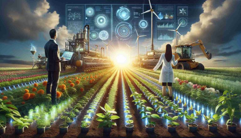 A high-definition, realistic image showcasing innovative technology designed for sustainable agriculture. The scene should include clean, renewable energy sources powering high-tech farming equipment. Diverse array of plants is growing in rich, nourished soil, with controlled irrigation systems illustrating efficient water management. A man of South Asian descent and a Caucasian woman, both in agricultural research attire, are overlooking this advanced technology, representing a concrete step in revolutionizing agriculture for a more sustainable future. The background holds a bright, shining sun, signifying the dawn of a new era in farming, co-existing harmoniously with nature.