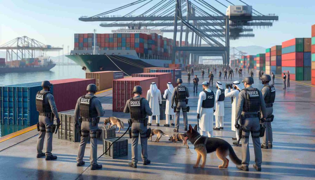 An ultra high-definition, realistic image showing a scene where law enforcement officials are ramping up their efforts to tackle illegal meat imports. The scene includes officers inspecting large containers suspected to carry unauthorized meat products, and there's a canine unit sniffing the containers. In the background, there are large industrial cranes and various ships: a bustling port environment. Ensure all of the officers show racial and gender diversity - include Caucasian, Hispanic, Black, Middle-Eastern, South Asian and White officers, both males and females.